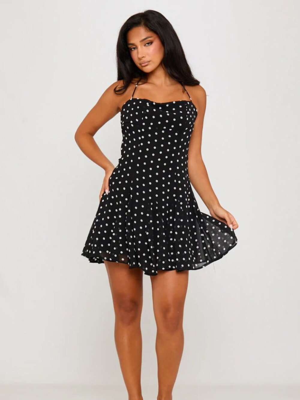 Black Polka Dot Print Halter Neck Mini Dress